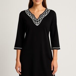 Ava Lynn Black Tunic Dress with White Embroidered Trim – Made in USA – Size M/L